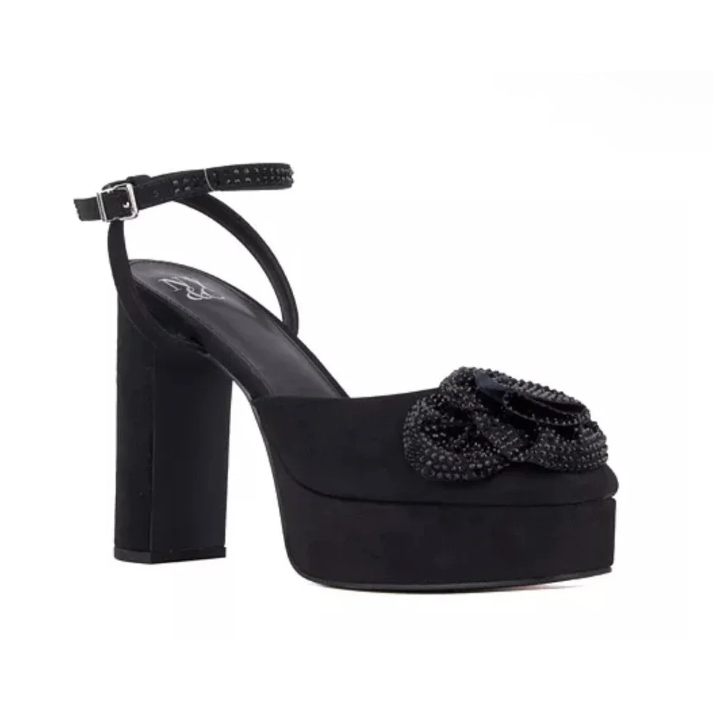 NY&C Raya Black Flower Platform Heels‎ 10 NIB Chunky Dressy Pumps
